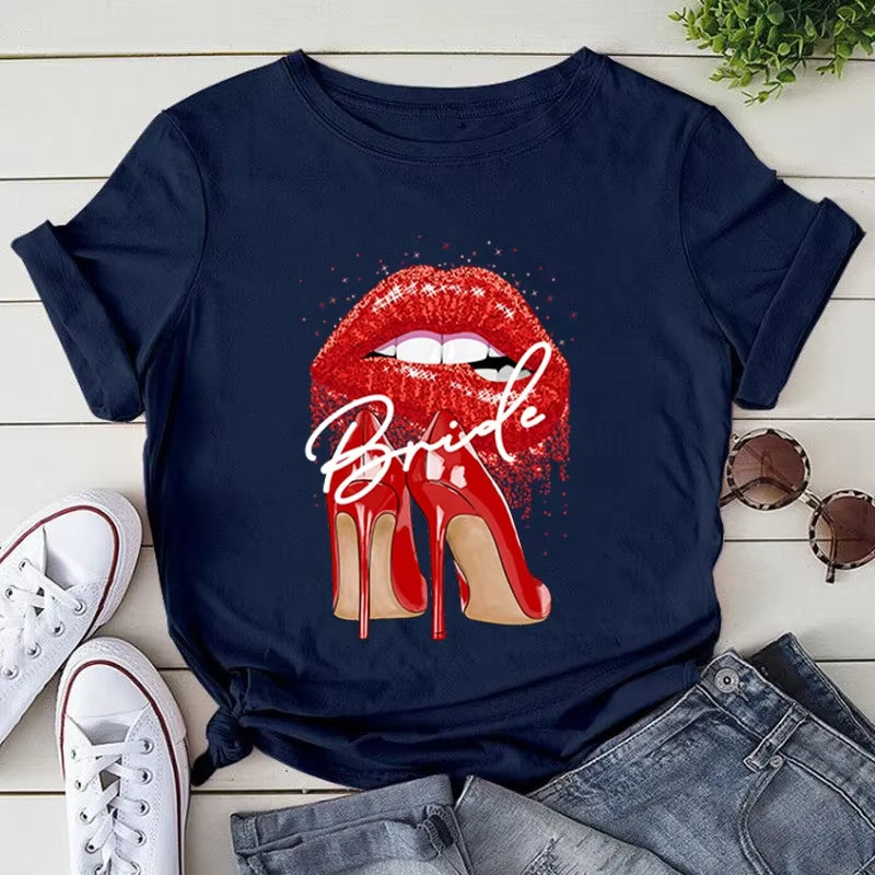 NEW Bride to Be Squad Evjf T Shirt Chic High Heels Red Lips Team Bride T Shirts Pink Bachelorette Hen Party Bridesmaid Tops Tee